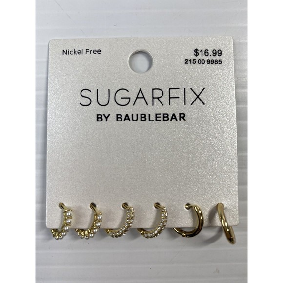 SUGARFIX by BaubleBar Gold Crystal Gold and Pearl Hoop 3 Pair Earring Set - Picture 1 of 3